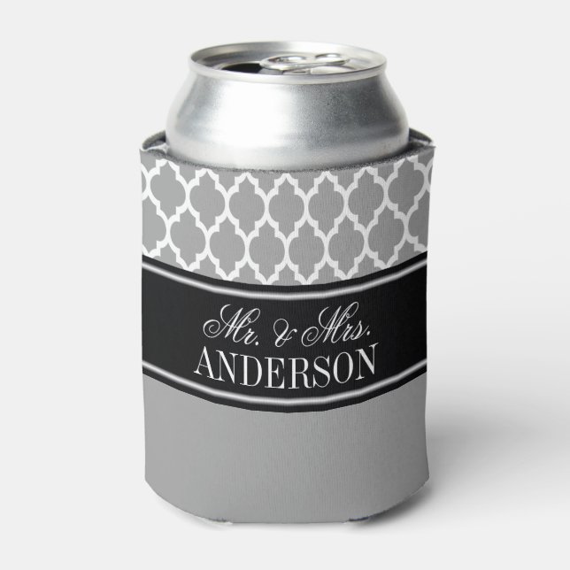 Dark Grey White Moroccan #4 CB Black Name Wedding Can Cooler (Can Front)