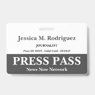 Dark Grey & White Press Pass Badge ID Badge