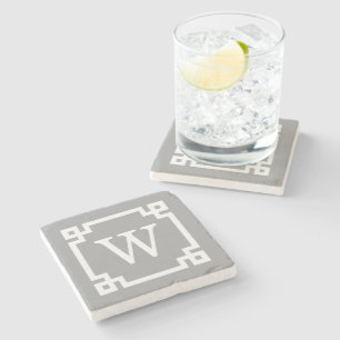 Dark Grey Wht Greek Key Frame #2 Initial Monogram Stone Coaster