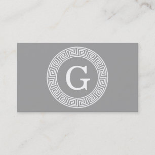 Dark Grey Wht Greek Key Rnd Frame Initial Monogram Business Card