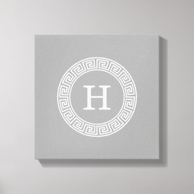 Dark Grey Wht Greek Key Rnd Frame Initial Monogram Canvas Print (Front)