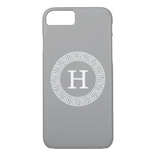 Dark Grey Wht Greek Key Rnd Frame Initial Monogram Case-Mate iPhone Case