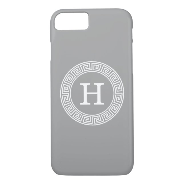 Dark Grey Wht Greek Key Rnd Frame Initial Monogram Case-Mate iPhone Case (Back)