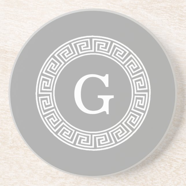 Dark Grey Wht Greek Key Rnd Frame Initial Monogram Coaster (Front)