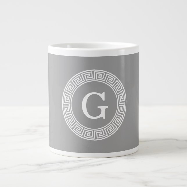 Dark Grey Wht Greek Key Rnd Frame Initial Monogram Large Coffee Mug (Front)