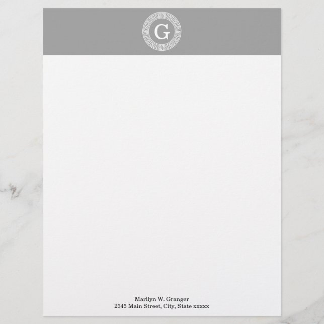 Dark Grey Wht Greek Key Rnd Frame Initial Monogram Letterhead Template (Front)