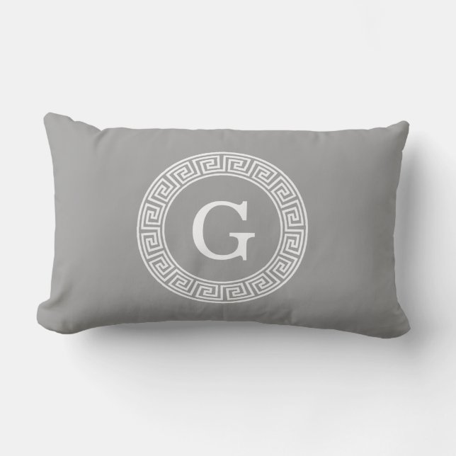 Dark Grey Wht Greek Key Rnd Frame Initial Monogram Lumbar Cushion (Front)
