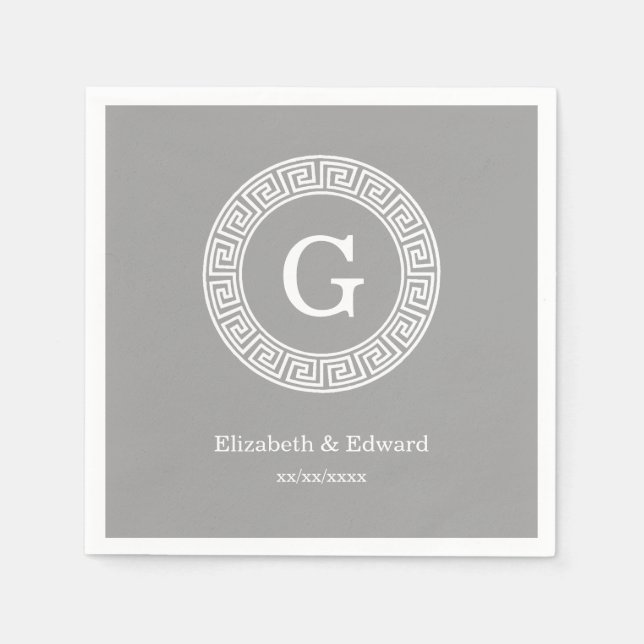 Dark Grey Wht Greek Key Rnd Frame Initial Monogram Napkin (Front)