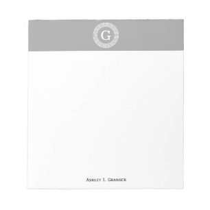 Dark Grey Wht Greek Key Rnd Frame Initial Monogram Notepad
