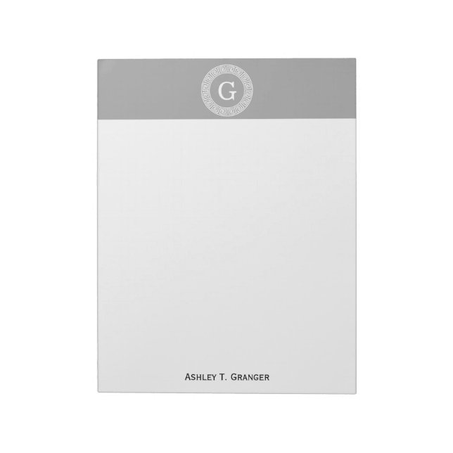 Dark Grey Wht Greek Key Rnd Frame Initial Monogram Notepad (Rotated)