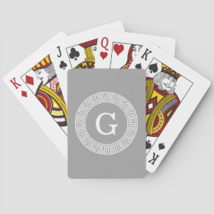 Dark Grey Wht Greek Key Rnd Frame Initial Monogram Playing Cards