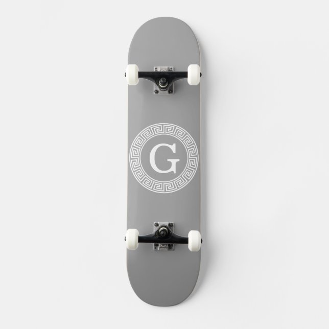Dark Grey Wht Greek Key Rnd Frame Initial Monogram Skateboard (Front)