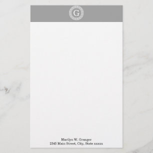 Dark Grey Wht Greek Key Rnd Frame Initial Monogram Stationery