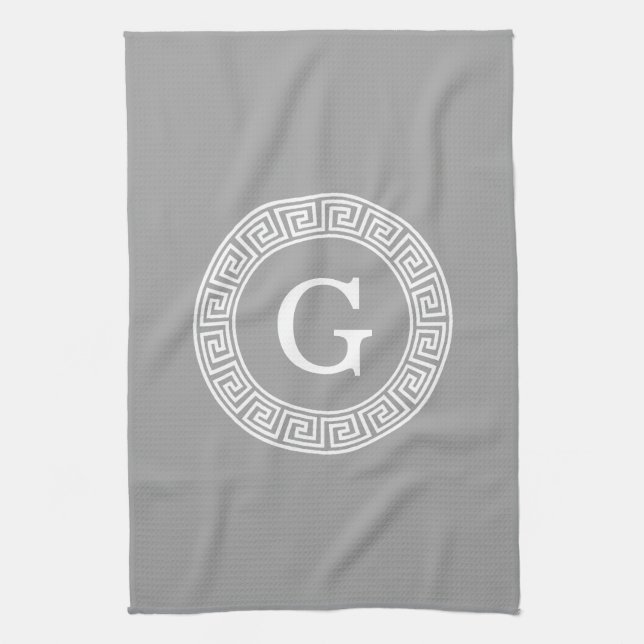 Dark Grey Wht Greek Key Rnd Frame Initial Monogram Tea Towel (Vertical)
