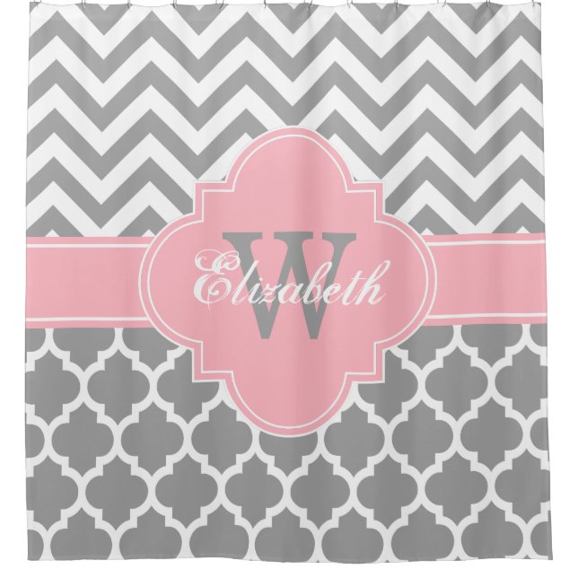 Dark Grey Wht Pink Moroccan #5 Chevron 1IQRN Shower Curtain (Front)