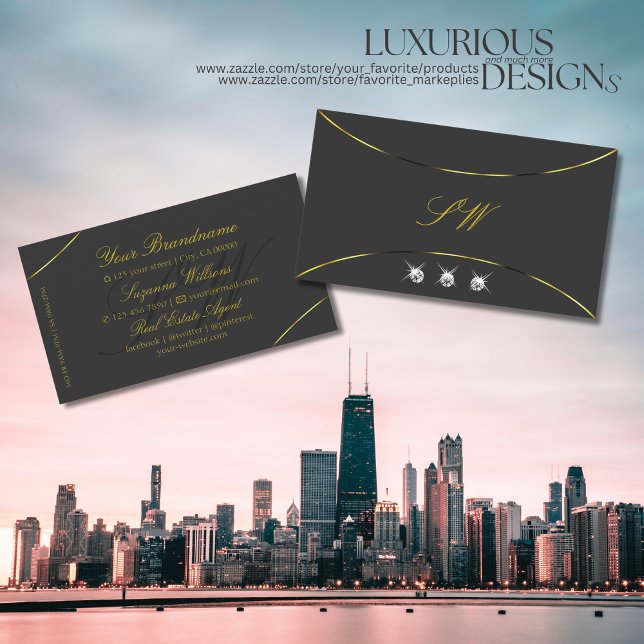 Dark Grey with Gold Decor Diamonds and Monogram Business Card (Creator Uploaded)