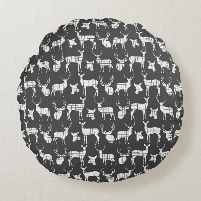 Dark Grey With White Deer Round Pillow (Front)