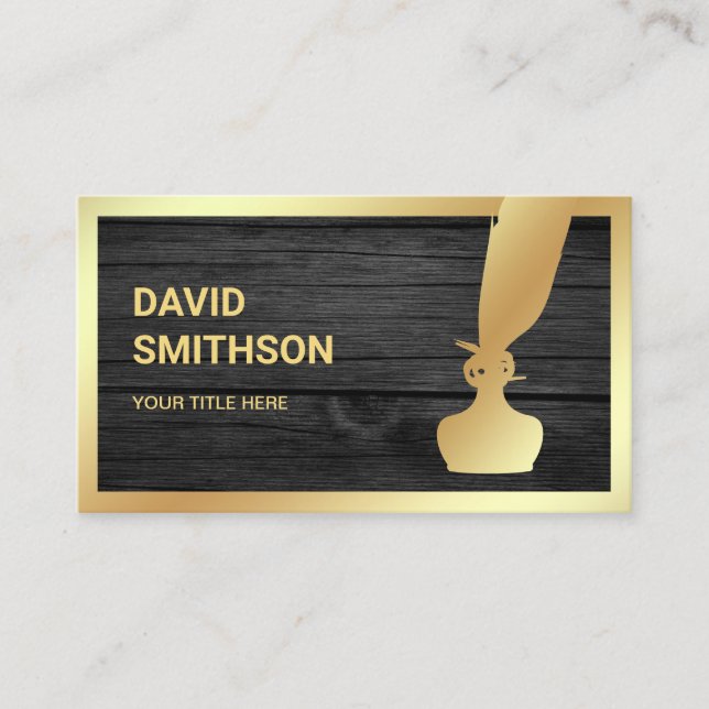 Dark Grey Wood Gold Foil Inkwell Feather Quill Pen Business Card (Front)