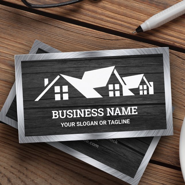Dark Grey Wood House Roofing Construction Roofer Business Card (Creator Uploaded)