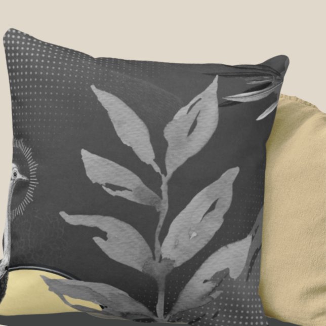 Dark Grey & Yellow Watercolor Leaves Ostrich Cushion (Creator Uploaded)