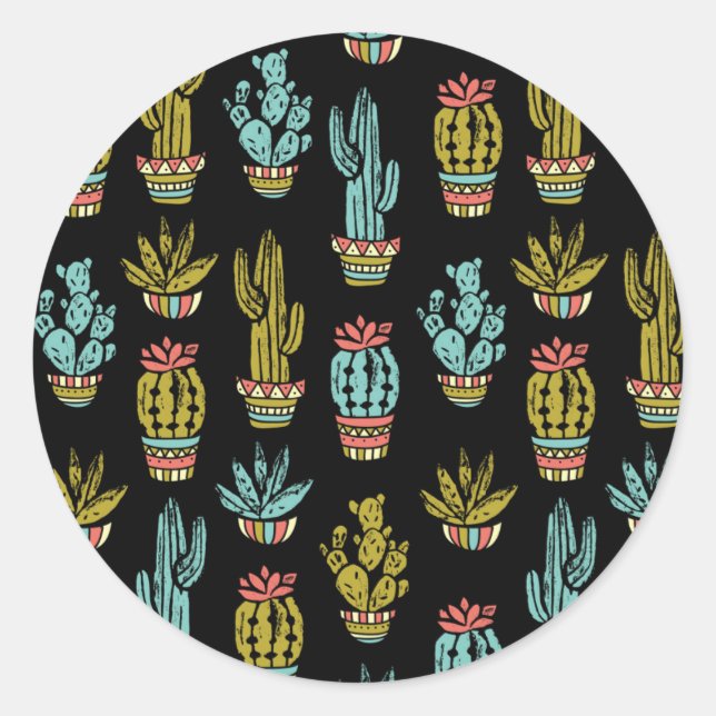 Dark Grunge Cactus Pattern Classic Round Sticker (Front)