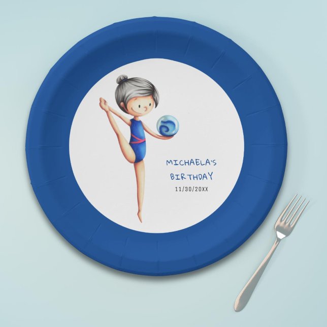 Dark Hair Girl Gymnastics Birthday Party Paper Plate (Creator Uploaded)