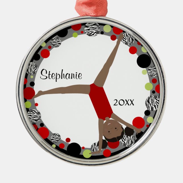 Dark Hair Gymnast in Red, Black & Green Metal Tree Decoration (Front)