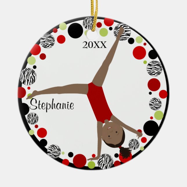 Dark Hair Gymnast Red, Black & Green Personalised Ceramic Tree Decoration (Front)