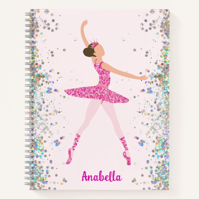 Dark Hair Pink Glitter Dress Ballerina Pink Crown Notebook (Front)