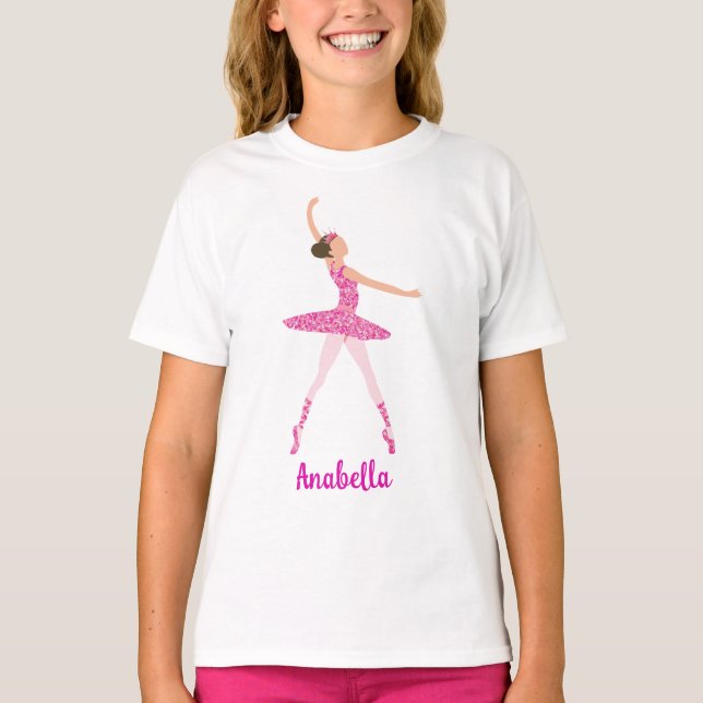 Dark Hair Pink Glitter Dress Ballerina Pink Crown T-Shirt (Front)