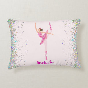 Dark Hair Pink Glitter Dress Pirouette Ballerina Decorative Cushion