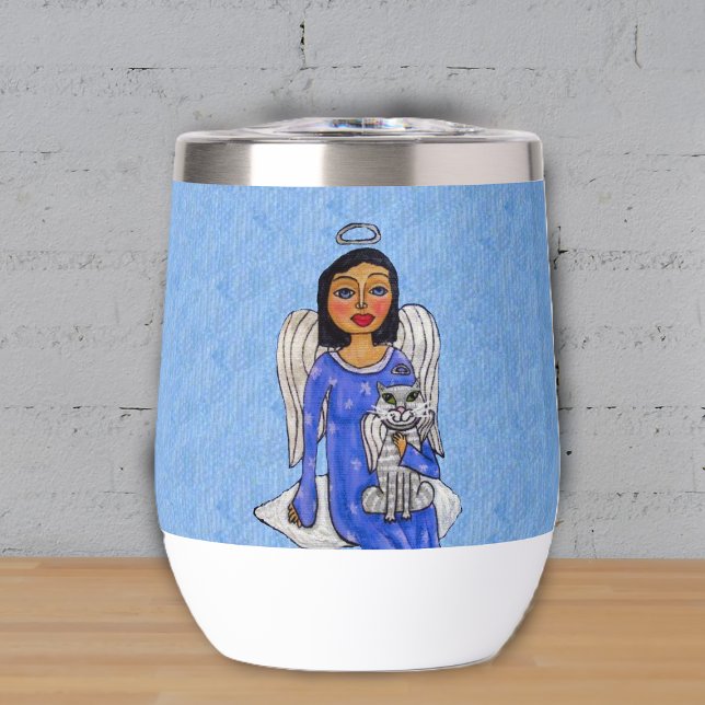 Dark Haired Angel blue Eyes on Cloud With Cat Blue (Blue eyed angel holding white angel cat on cloud on sky blue small drink tumbler.)