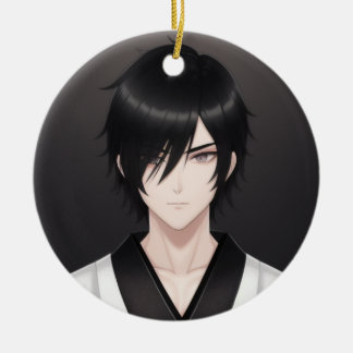 Dark-Haired Anime Boy in Traditional Attire Orname Ceramic Tree Decoration