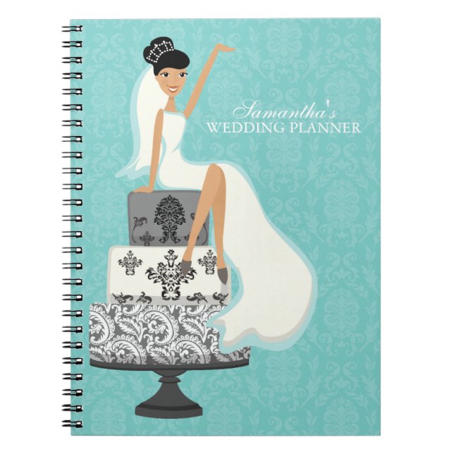 Dark Haired Bride on Wedding Cake {aqua} Spiral Notebook (Front)