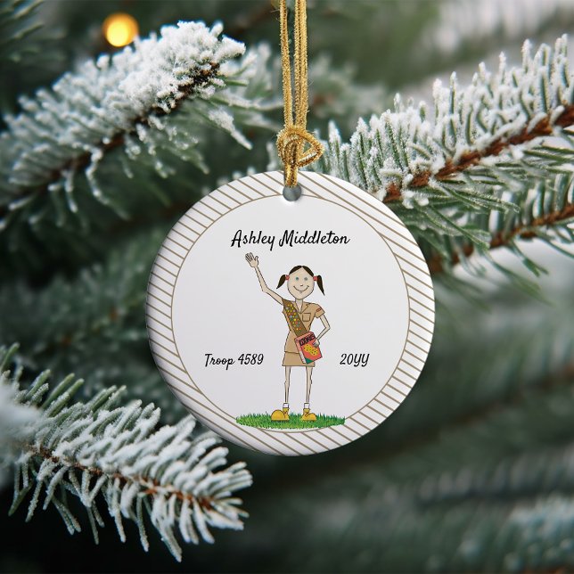 Dark Haired Brownie Girl Scouting Brown Stripes Ceramic Tree Decoration (Creator Uploaded)
