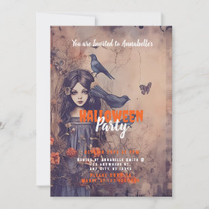 Dark Haired Girl and Birds Creepy Halloween Party Invitation