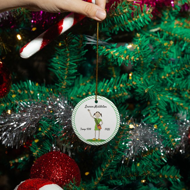 Dark Haired Junior Girl Scouting Green Striped Ceramic Tree Decoration (Creator Uploaded)