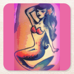 dark-haired mermaid beauty square paper coaster