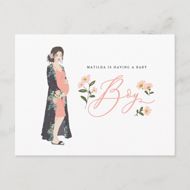 Dark haired mum to be of a boy baby shower invite postcard (Front)