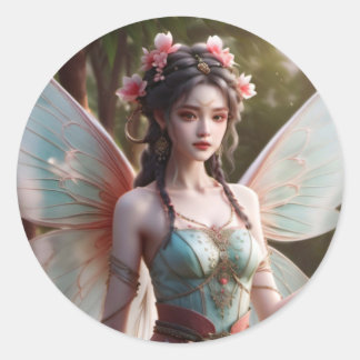 Dark Haired Pink and Green Spring Fairy Fantasy Classic Round Sticker