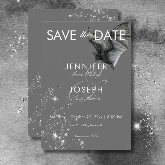 Dark Halloween Glam Bat & Diamonds Wedding Save The Date (Dark Halloween Glam Bat & Diamonds Wedding Save The Date)