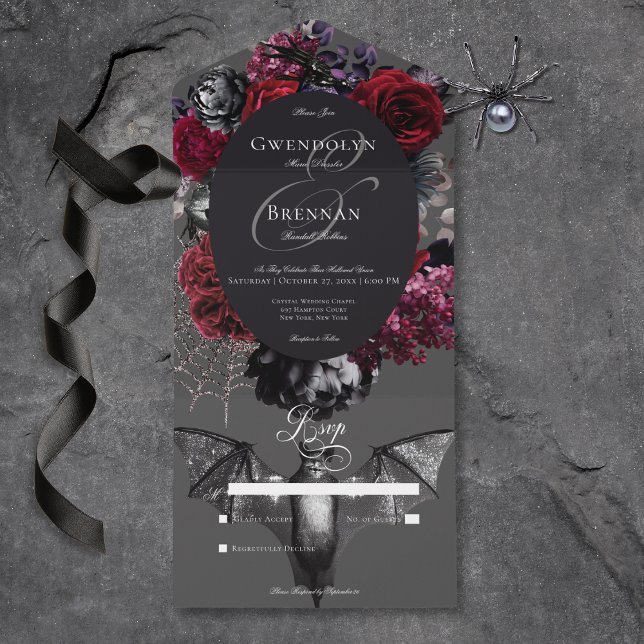 Dark Halloween Glam Floral Grey No Dinner All In One Invitation (Dark Halloween Glam Floral Gray No Dinner All In One Invitation)