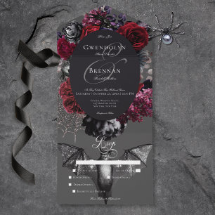 Dark Halloween Glam Floral Grey Wedding Dinner All In One Invitation