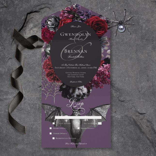 Dark Halloween Glam Floral Purple Wedding Dinner All In One Invitation (Dark Halloween Glam Floral Wedding Dinner All In One Invitation)
