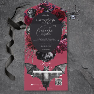 Dark Halloween Glam Floral Red Wedding QR Code All In One Invitation