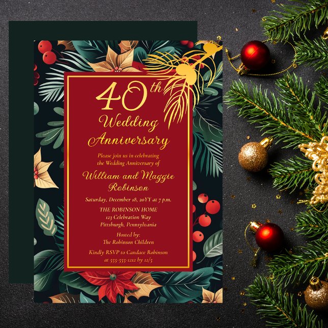 Dark Holiday Floral 40th Wedding Anniversary Party (Dark Floral Winter | Christmas Holiday 40th Wedding Anniversary Party Gold Foil Invitation)