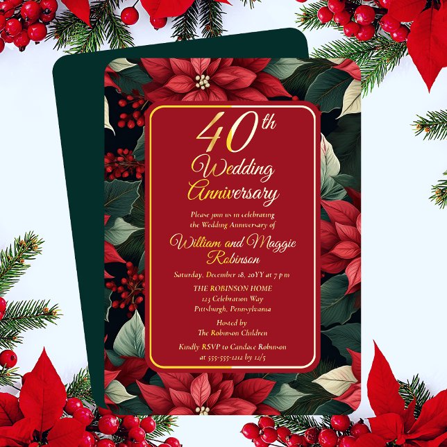 Dark Holiday Floral 40th Wedding Anniversary Party (Elegant Dark and Moody Christmas Poinsettia Holiday Floral 40th Wedding Anniversary Foil Invitation)