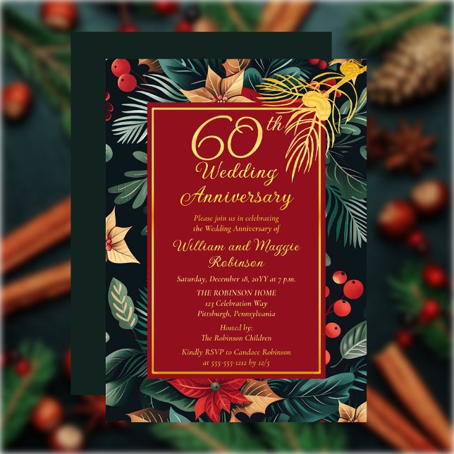 Dark Holiday Floral 60th Wedding Anniversary Party (Dark Floral Winter | Christmas Holiday 60th Wedding Anniversary Party Gold Foil Invitation)