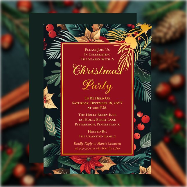 Dark Holiday Poinsettia Floral Christmas Party (Elegant Dark and Moody Holiday Poinsettia Floral Christmas Party Gold Foil Invitation)