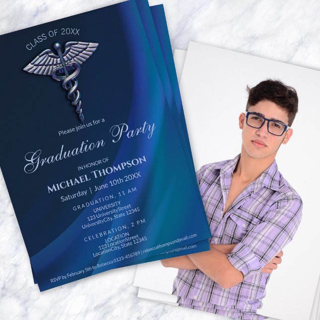 Dark Holographic Blue Medical Graduation | Photo Invitation (Creator Uploaded)